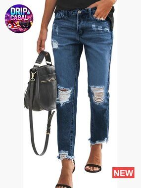 Stretchy Ripped Distressed Boyfriend Jeans Straight Leg Denim Pants